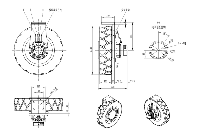 1KW Brushless Electric Driving Wheel DL1000-1-29 drawing