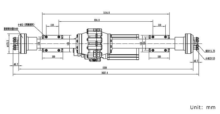 20KW AC/DC Motor Electric Transaxle Brushless Electric Drive Rear Axle size drawing
