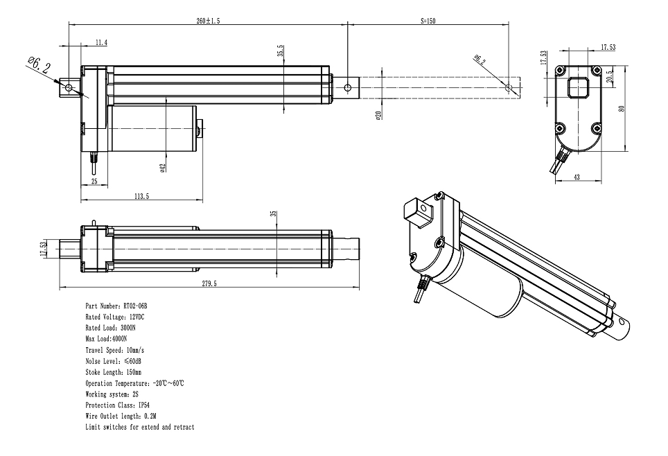 150mm DC electric actuator size drawing